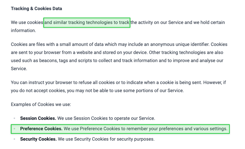 Cookie policy highlights change example